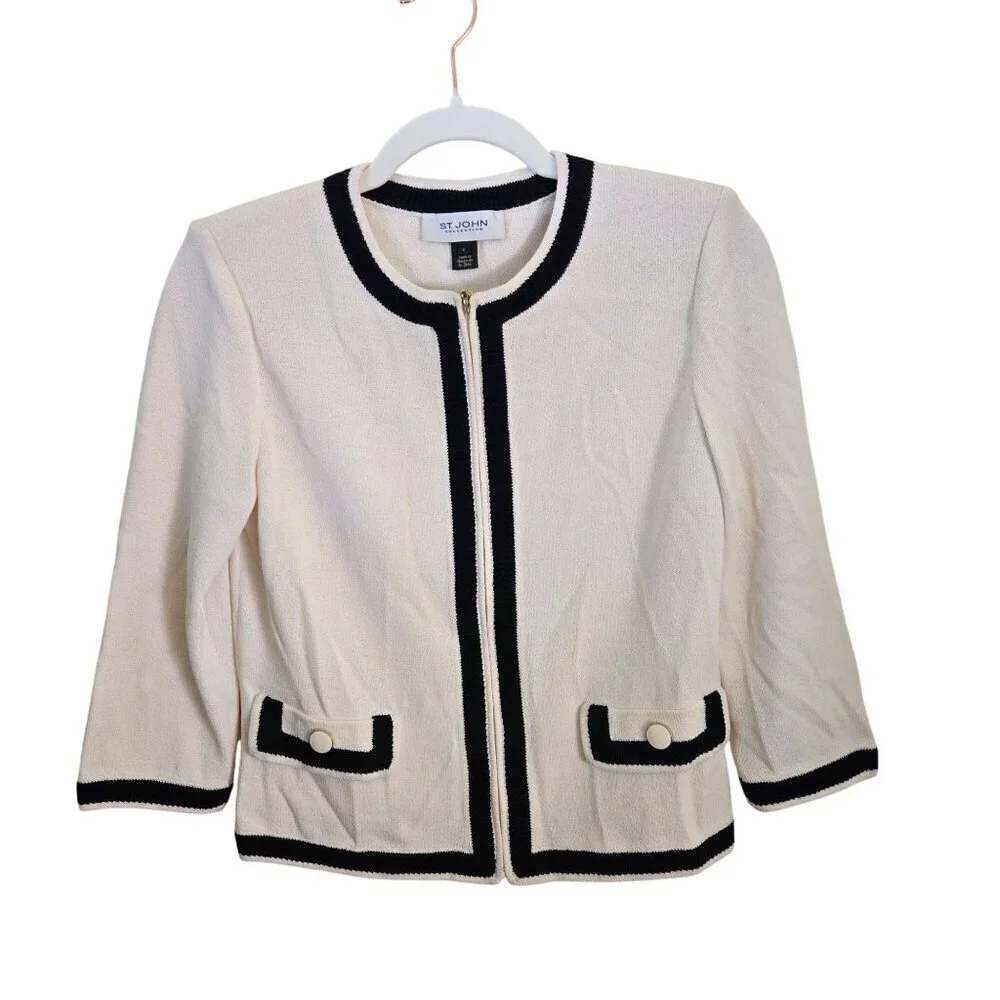 St. John Caviar Jacket Cream Black Santana Knit Full Zip 3/4 Sleeve Size 2